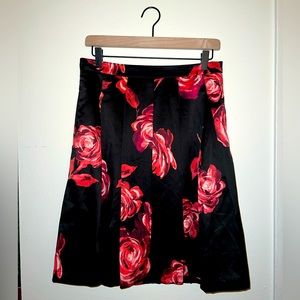 Black with Roses Pleated Satin Mid 2000s Skirt